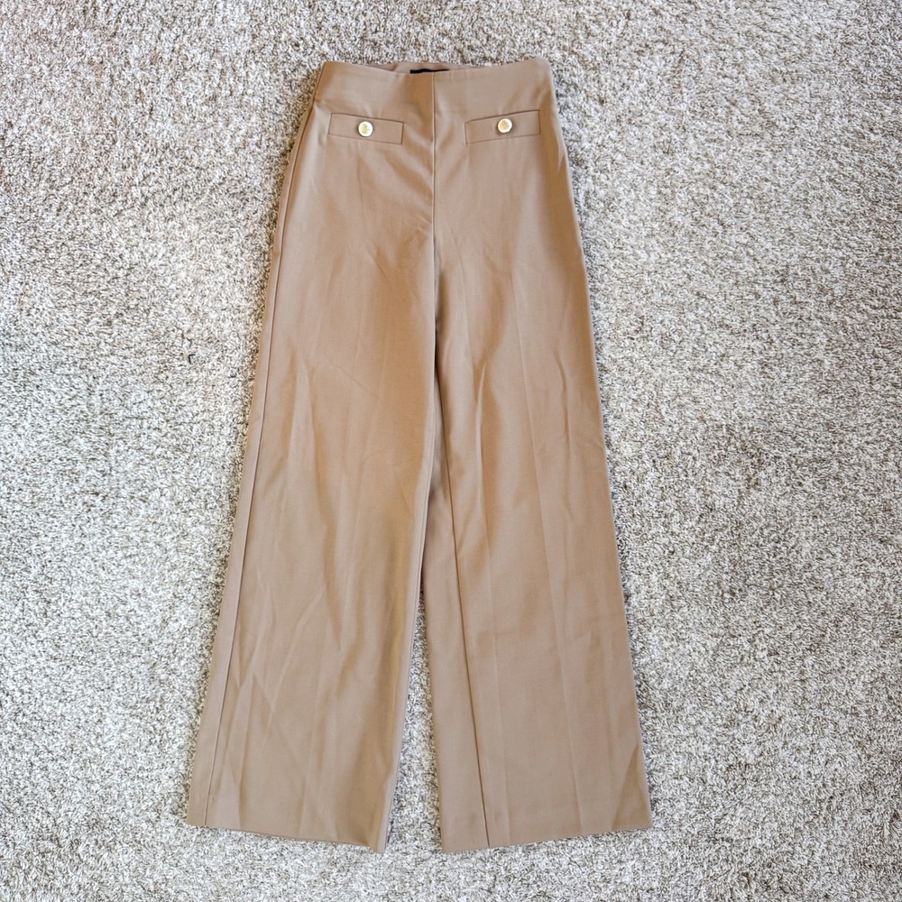 Ann Taylor Curvy Wide Leg Dress Pants Tan Gold Button Detail Size 00